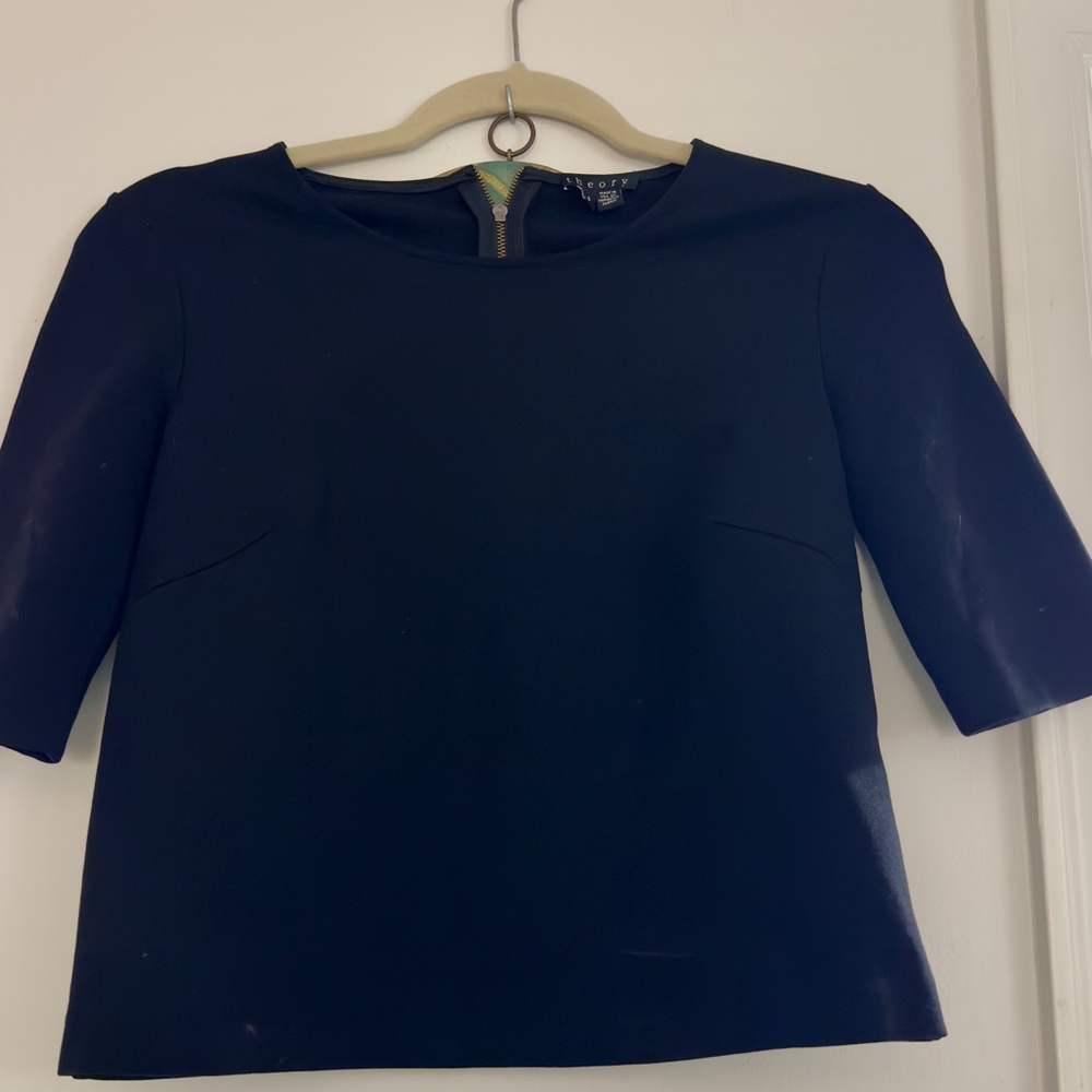 Theory Navy Short Sleeve Crew Top with Back Zip Accent